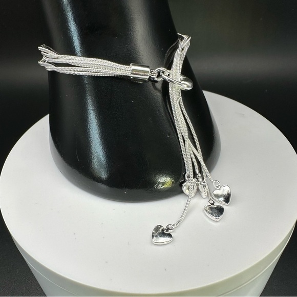 925 Sterling Silver Plated Five-Strand Heart Charm Bracelet – Adjustable - Picture 4 of 17